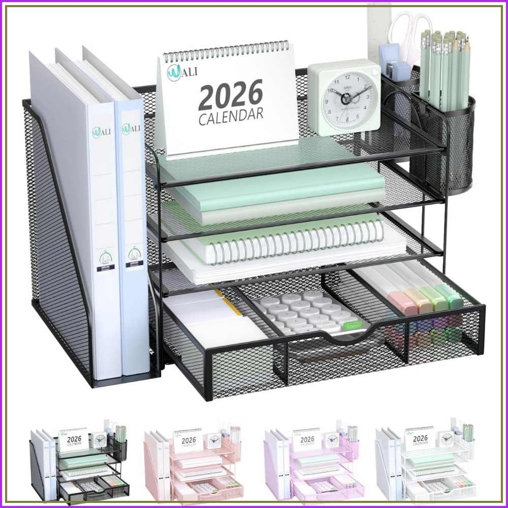 Home Office Image - ที่จัดเก็บเอกสารแบบตั้งโต๊ะ 4 ชั้น พร้อมลิ้นชักและที่ใส่ปากกา อุปกรณ์เสริมสำนักงานสีดำสำหรับบ้านและที่ทำงาน