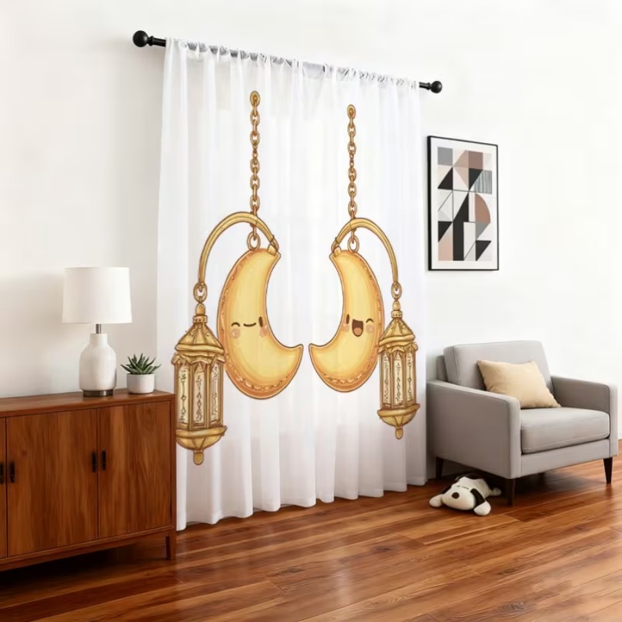 Home Office Lamp - ผ้าม่านโปร่งแสงพิมพ์ลายดิจิตอล 2 ชิ้น, โคมไฟรูปพระจันทร์เสี้ยวลายหน้ายิ้ม, ของตกแต่งบ้านน่ารักสำหรับเด็ก สร้างบรรยากาศยามค่ำคืนในห้องนอน