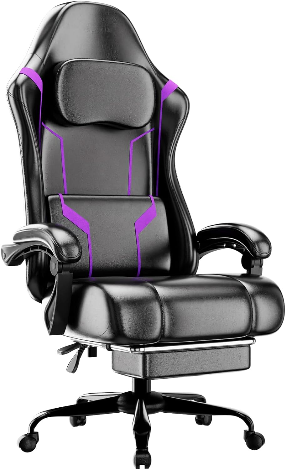 Home Office Image - เก้าอี้เล่นเกมตามหลักสรีรศาสตร์พร้อมเบาะพ็อกเก็ตสปริงและที่วางเท้า เก้าอี้คอมพิวเตอร์แบบหมุนปรับความสูงได้สำหรับโฮมออฟฟิศ สีม่วง